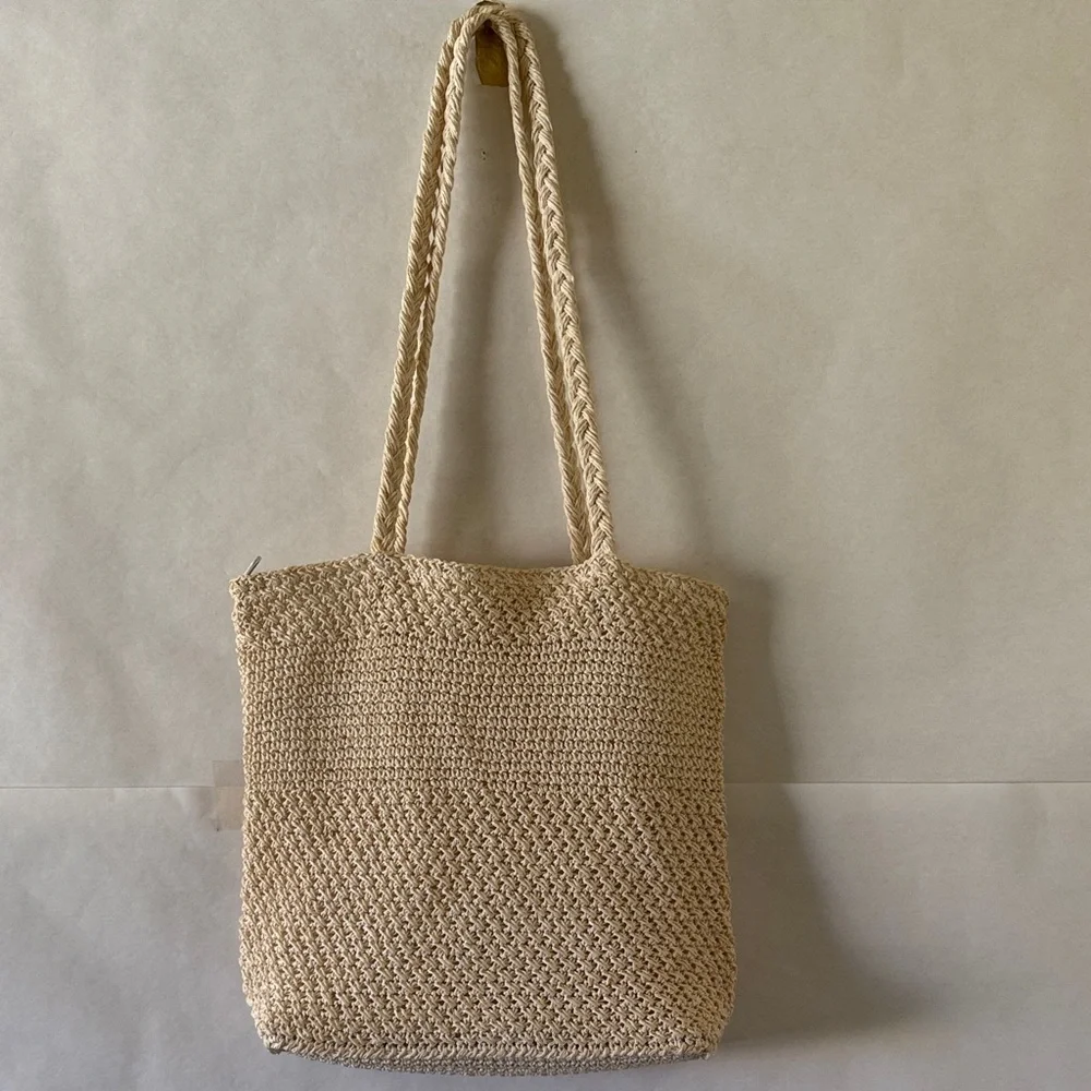 Woven Cream Crochet Shoulder Tote Bag Pastel Floral Embroidered Cottagecore - Picture 6 of 12